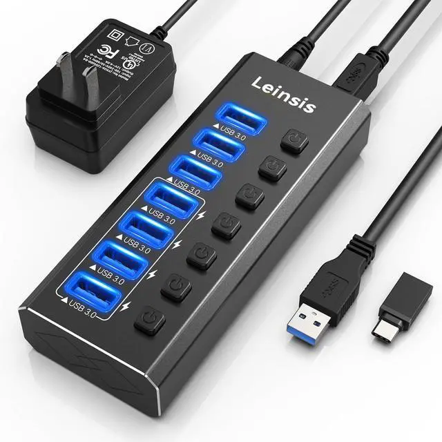 Main image of Powered USB Hub 3.0, Leinsis 7-Port USB 3.0 Hub [Durable Aluminum] 7 Data Transfer Ports+ 4 Smart Charging Ports with Individual On/Off Switches, USB Hub 3.0 Powered with Power Adapter for Laptop PC