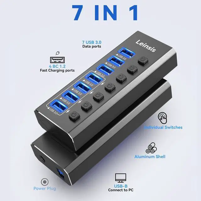 Alt view image 2 of 7 - Powered USB Hub 3.0, Leinsis 7-Port USB 3.0 Hub [Durable Aluminum] 7 Data Transfer Ports+ 4 Smart Charging Ports with Individual On/Off Switches, USB Hub 3.0 Powered with Power Adapter for Laptop PC