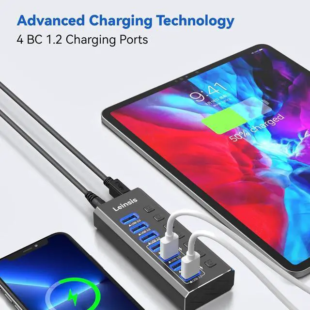 Alt view image 3 of 7 - Powered USB Hub 3.0, Leinsis 7-Port USB 3.0 Hub [Durable Aluminum] 7 Data Transfer Ports+ 4 Smart Charging Ports with Individual On/Off Switches, USB Hub 3.0 Powered with Power Adapter for Laptop PC