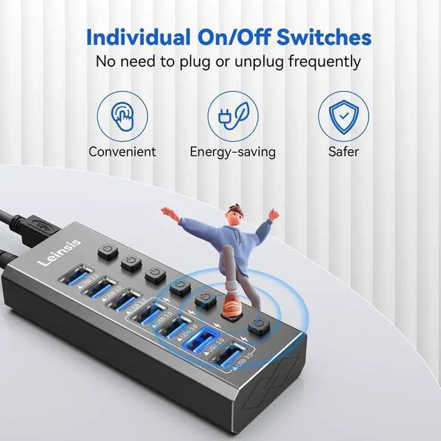 Alt view image 5 of 7 - Powered USB Hub 3.0, Leinsis 7-Port USB 3.0 Hub [Durable Aluminum] 7 Data Transfer Ports+ 4 Smart Charging Ports with Individual On/Off Switches, USB Hub 3.0 Powered with Power Adapter for Laptop PC