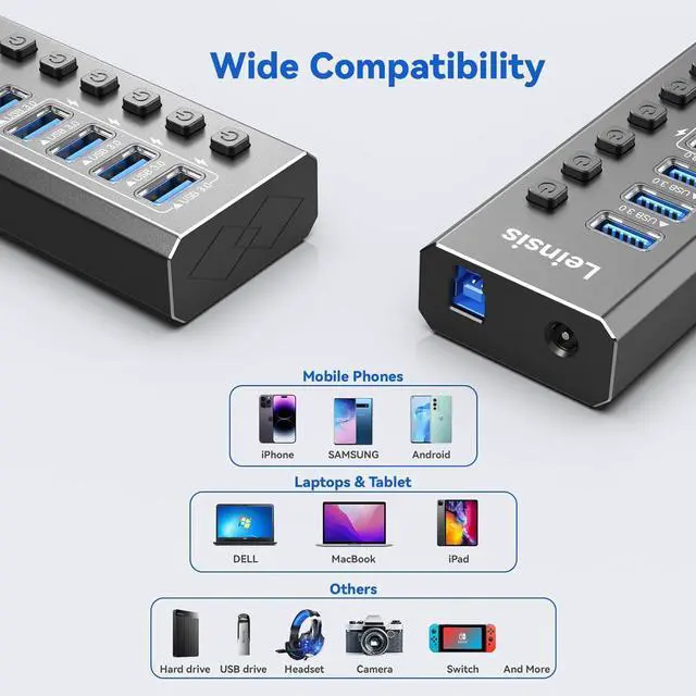 Alt view image 6 of 7 - Powered USB Hub 3.0, Leinsis 7-Port USB 3.0 Hub [Durable Aluminum] 7 Data Transfer Ports+ 4 Smart Charging Ports with Individual On/Off Switches, USB Hub 3.0 Powered with Power Adapter for Laptop PC