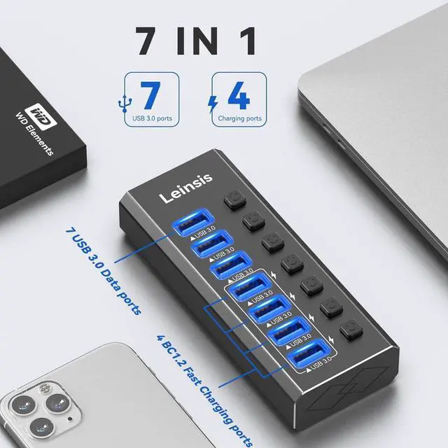 Alt view image 7 of 7 - Powered USB Hub 3.0, Leinsis 7-Port USB 3.0 Hub [Durable Aluminum] 7 Data Transfer Ports+ 4 Smart Charging Ports with Individual On/Off Switches, USB Hub 3.0 Powered with Power Adapter for Laptop PC
