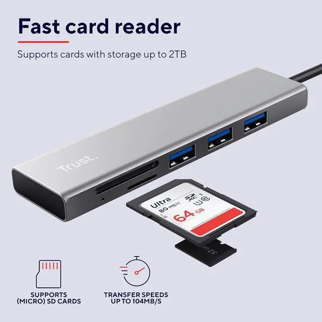Alt view image 4 of 7 - Trust 24191 Halyx Fast USB-C Hub and Card Reader, 3 Extra Ports, 5Gbps with USB 3.2 Gen 1, SD and Micro-SD Card Reader 104 MB/s, (Micro) SD, SDHC and SDXC up to 2 TB