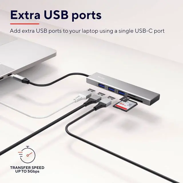 Alt view image 3 of 7 - Trust 24191 Halyx Fast USB-C Hub and Card Reader, 3 Extra Ports, 5Gbps with USB 3.2 Gen 1, SD and Micro-SD Card Reader 104 MB/s, (Micro) SD, SDHC and SDXC up to 2 TB