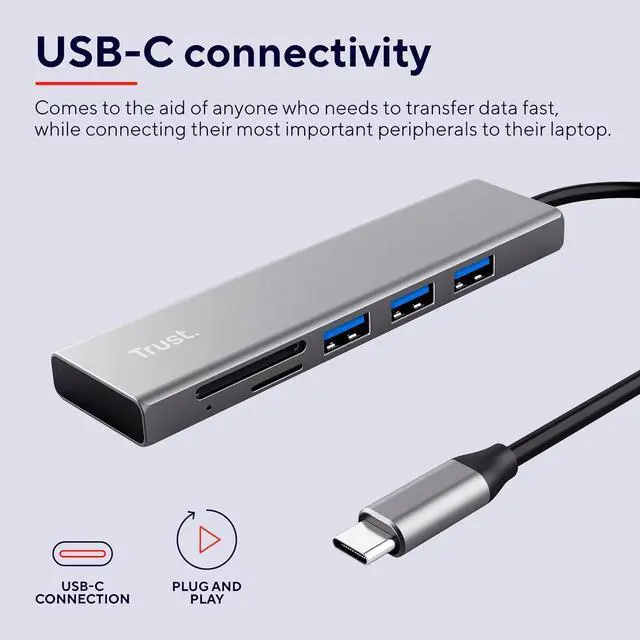 Alt view image 2 of 7 - Trust 24191 Halyx Fast USB-C Hub and Card Reader, 3 Extra Ports, 5Gbps with USB 3.2 Gen 1, SD and Micro-SD Card Reader 104 MB/s, (Micro) SD, SDHC and SDXC up to 2 TB