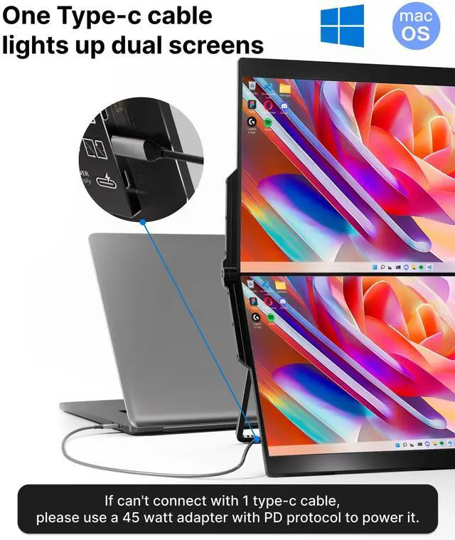 Alt view image 2 of 6 - Ingnok 15.6" Dual Monitor, FHD 1080P 100% sRGB Laptop Screen Extender for Windows Mac, Foldable Design, HDMI USB C Easy Setup Work Gaming Triple Monitor