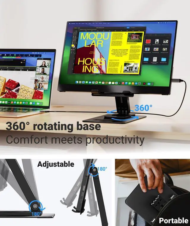 Alt view image 4 of 7 - Ingnok Portable Monitor, Ultra Slim 15.6 Inch FHD IPS Laptop Screen Extender with Adjustable Stand, USB C Compatible, Ideal for Travel and Office