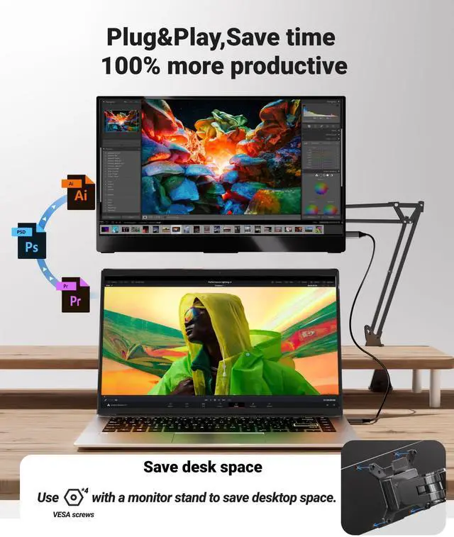 Alt view image 7 of 7 - Ingnok Portable Monitor, Ultra Slim 15.6 Inch FHD IPS Laptop Screen Extender with Adjustable Stand, USB C Compatible, Ideal for Travel and Office