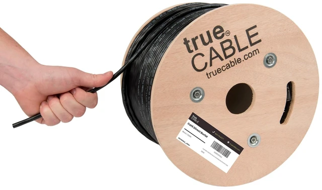 Main image of TRUE CABLE Cat6 Direct Burial Bulk Ethernet Cable, Unshielded, 500ft, Black, 23AWG Solid Bare Copper, Outdoor OSP Jacket, Waterproof, UV Resistant, 550MHz, PoE++ 100W (4PPoE)