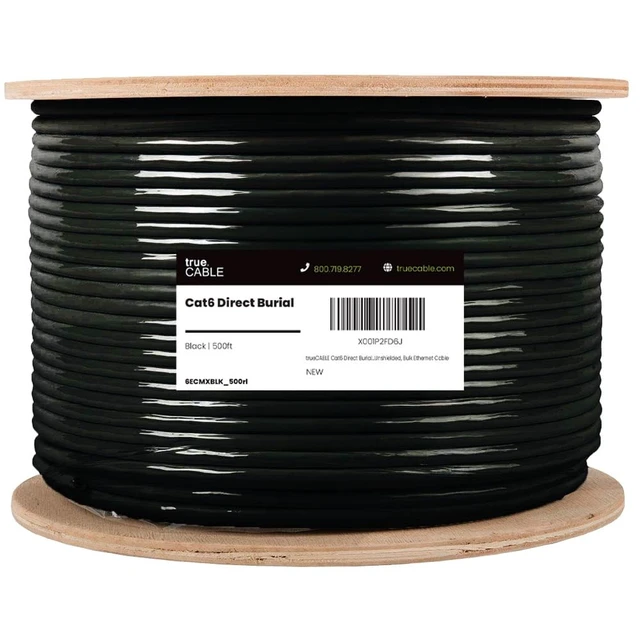 Alt view image 2 of 5 - TRUE CABLE Cat6 Direct Burial Bulk Ethernet Cable, Unshielded, 500ft, Black, 23AWG Solid Bare Copper, Outdoor OSP Jacket, Waterproof, UV Resistant, 550MHz, PoE++ 100W (4PPoE)