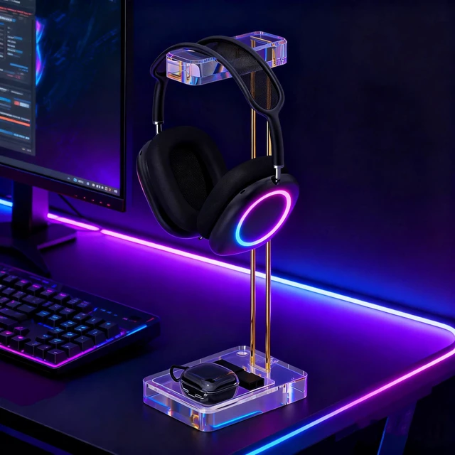 Alt view image 5 of 5 - GEEKRIA Headphone Stand for Desk, Clear Acrylic Headset Stand with Gold Metal Accent, Gaming Headphone Holder, Universal Desktop Display Stand for Over-Ear Headphones
