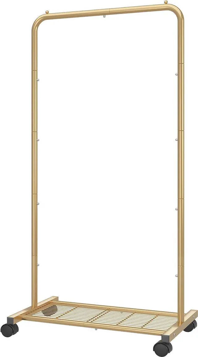 Main image of Simple Trending Standard Clothes Garment Rack, Clothing Rolling Rack with Mesh Storage Shelf on Wheels, Golden Yellow