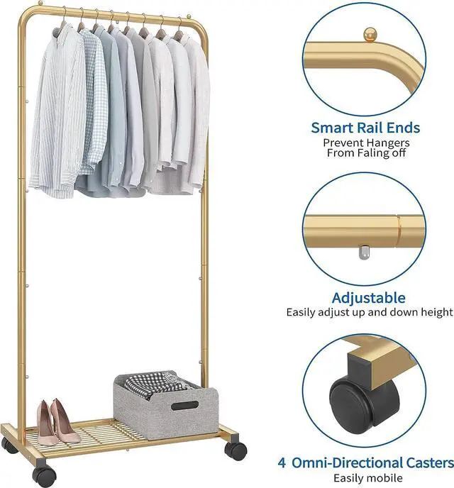 Alt view image 5 of 7 - Simple Trending Standard Clothes Garment Rack, Clothing Rolling Rack with Mesh Storage Shelf on Wheels, Golden Yellow