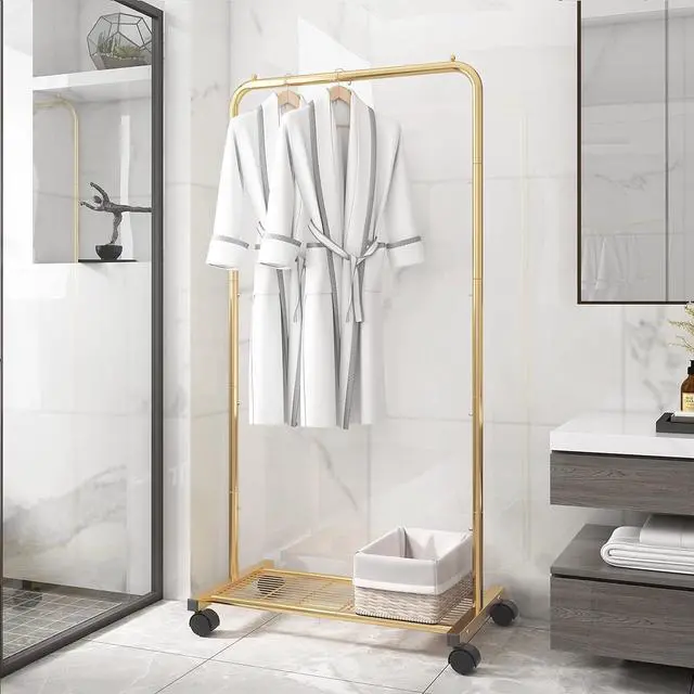 Alt view image 6 of 7 - Simple Trending Standard Clothes Garment Rack, Clothing Rolling Rack with Mesh Storage Shelf on Wheels, Golden Yellow