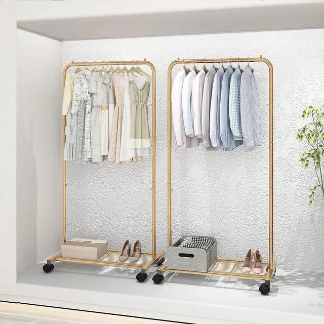 Alt view image 7 of 7 - Simple Trending Standard Clothes Garment Rack, Clothing Rolling Rack with Mesh Storage Shelf on Wheels, Golden Yellow