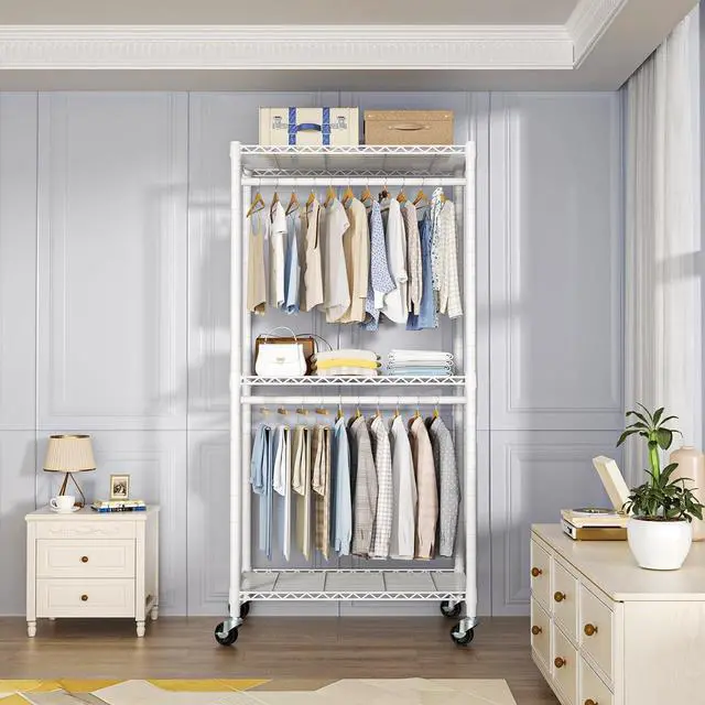 Alt view image 2 of 7 - P1 Medium Heavy-Duty Portable Closet, 30" W x 14" D x 76" H, Metal Rolling Clothing Rack, White