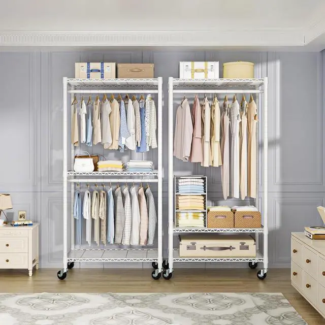 Alt view image 3 of 7 - P1 Medium Heavy-Duty Portable Closet, 30" W x 14" D x 76" H, Metal Rolling Clothing Rack, White