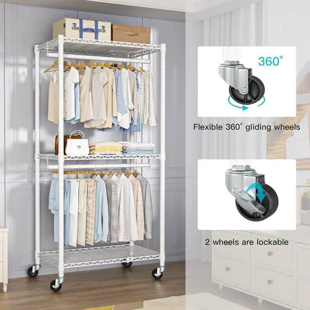 Alt view image 4 of 7 - P1 Medium Heavy-Duty Portable Closet, 30" W x 14" D x 76" H, Metal Rolling Clothing Rack, White
