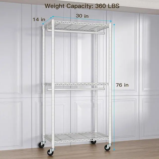 Alt view image 6 of 7 - P1 Medium Heavy-Duty Portable Closet, 30" W x 14" D x 76" H, Metal Rolling Clothing Rack, White