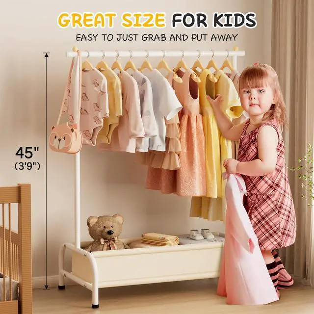 Alt view image 2 of 7 - MISSLO Kids Clothing Rack with Basket Small Dress Up Storage Short Toddler Dress Up Rack Kids Closet for Baby Clothes, White