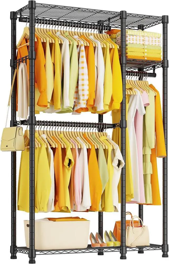 Main image of Heavy Duty Clothes Garment Racks: 850LBS Closet Organizer Portable Clothing Racks for Hanging Coat with Shelves Wardrobe Adjustable Freestanding Sturdy Metal Black Double Rods (Black Large)