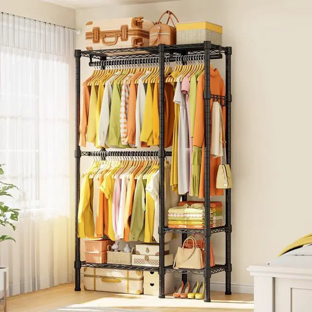 Alt view image 2 of 7 - Heavy Duty Clothes Garment Racks: 850LBS Closet Organizer Portable Clothing Racks for Hanging Coat with Shelves Wardrobe Adjustable Freestanding Sturdy Metal Black Double Rods (Black Large)