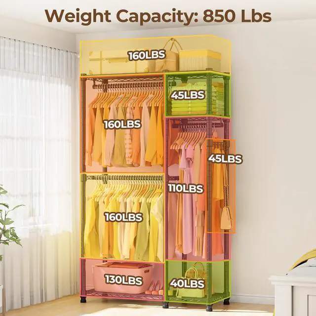 Alt view image 3 of 7 - Heavy Duty Clothes Garment Racks: 850LBS Closet Organizer Portable Clothing Racks for Hanging Coat with Shelves Wardrobe Adjustable Freestanding Sturdy Metal Black Double Rods (Black Large)