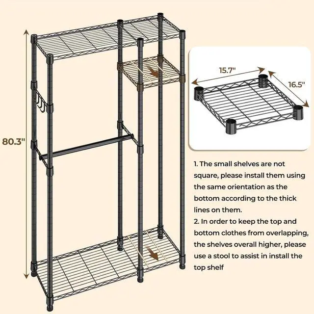 Alt view image 5 of 7 - Heavy Duty Clothes Garment Racks: 850LBS Closet Organizer Portable Clothing Racks for Hanging Coat with Shelves Wardrobe Adjustable Freestanding Sturdy Metal Black Double Rods (Black Large)