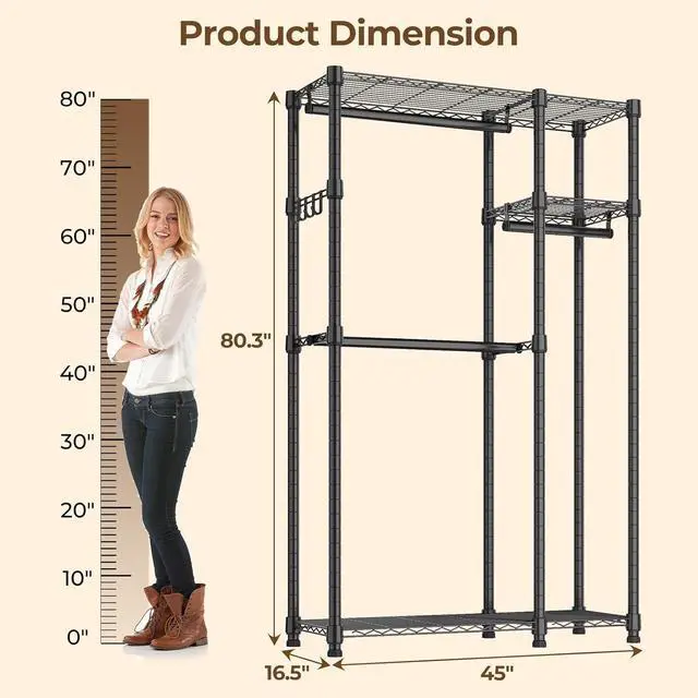Alt view image 6 of 7 - Heavy Duty Clothes Garment Racks: 850LBS Closet Organizer Portable Clothing Racks for Hanging Coat with Shelves Wardrobe Adjustable Freestanding Sturdy Metal Black Double Rods (Black Large)