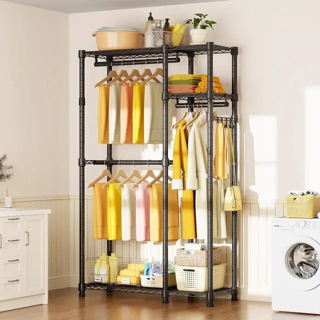 Alt view image 7 of 7 - Heavy Duty Clothes Garment Racks: 850LBS Closet Organizer Portable Clothing Racks for Hanging Coat with Shelves Wardrobe Adjustable Freestanding Sturdy Metal Black Double Rods (Black Large)