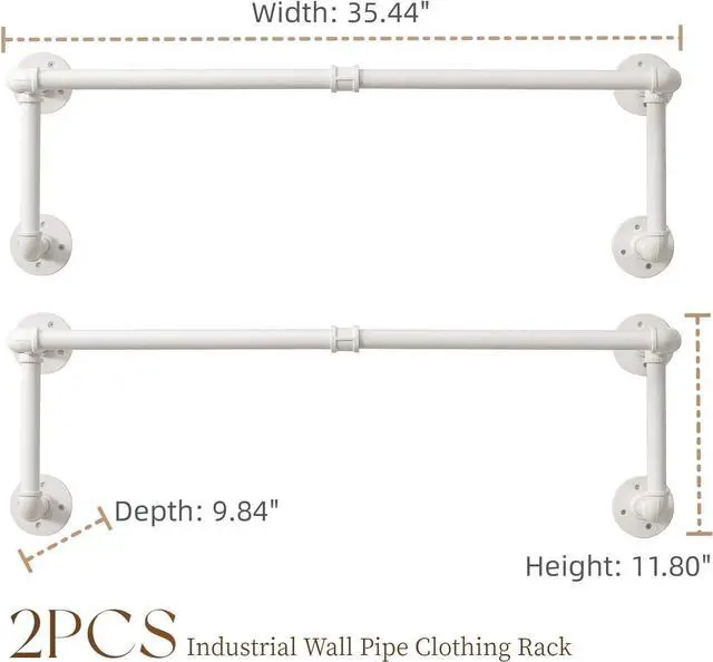 Alt view image 4 of 7 - Clothes Racks, Industrial Pipe Clothing Racks for Hanging Clothes, Wall Mounted Heavy Duty Space Saving Garment Racks, Multi-Purpose Clothing Hanging Rods for Closet Storage, White, 2Pcs