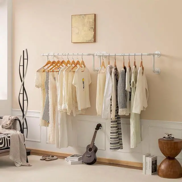 Alt view image 7 of 7 - Clothes Racks, Industrial Pipe Clothing Racks for Hanging Clothes, Wall Mounted Heavy Duty Space Saving Garment Racks, Multi-Purpose Clothing Hanging Rods for Closet Storage, White, 2Pcs