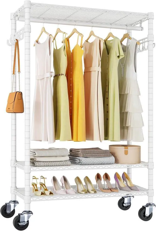 Main image of VIPEK R3 Rolling Clothing Rack Heavy Duty Garment Rack for Hanging Clothes, Portable Closet Wardrobe with Wheels and Side Hooks, Adjustable Freestanding Metal Clothes Rack with Shelves, White