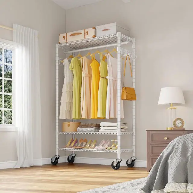 Alt view image 2 of 7 - VIPEK R3 Rolling Clothing Rack Heavy Duty Garment Rack for Hanging Clothes, Portable Closet Wardrobe with Wheels and Side Hooks, Adjustable Freestanding Metal Clothes Rack with Shelves, White