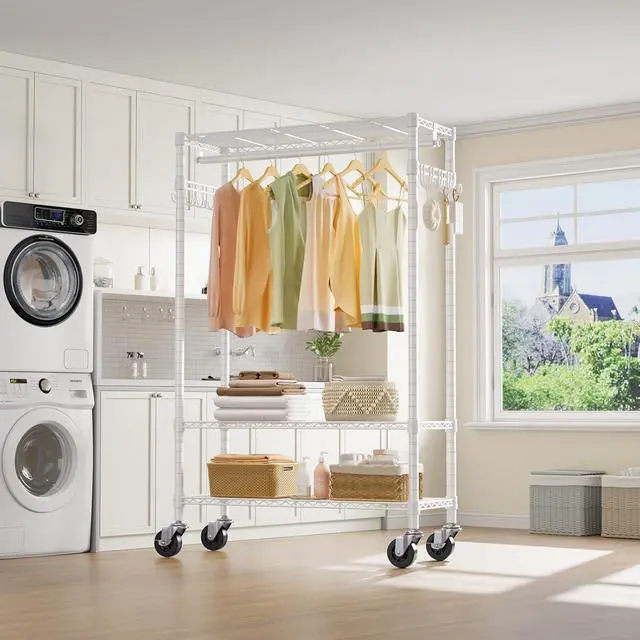 Alt view image 3 of 7 - VIPEK R3 Rolling Clothing Rack Heavy Duty Garment Rack for Hanging Clothes, Portable Closet Wardrobe with Wheels and Side Hooks, Adjustable Freestanding Metal Clothes Rack with Shelves, White