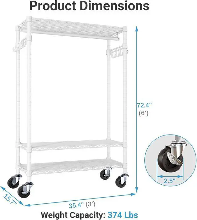 Alt view image 5 of 7 - VIPEK R3 Rolling Clothing Rack Heavy Duty Garment Rack for Hanging Clothes, Portable Closet Wardrobe with Wheels and Side Hooks, Adjustable Freestanding Metal Clothes Rack with Shelves, White