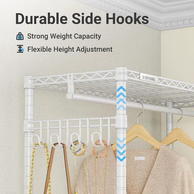 Alt view image 6 of 7 - VIPEK R3 Rolling Clothing Rack Heavy Duty Garment Rack for Hanging Clothes, Portable Closet Wardrobe with Wheels and Side Hooks, Adjustable Freestanding Metal Clothes Rack with Shelves, White