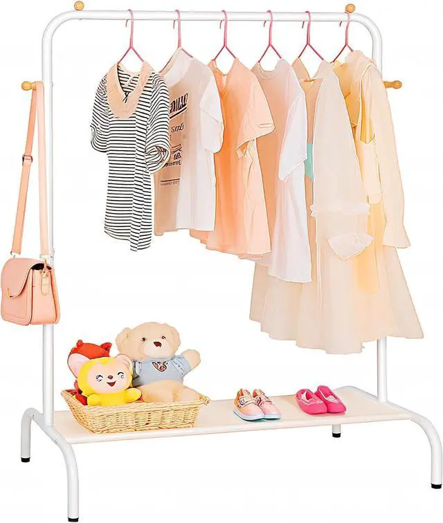 Main image of Kids Clothing Rack - Garment Rack with Bottom Storage Shelf for Children, Small Baby, & Toddler, Clothes Organizer, Shirts, Dresser, Hat, Backpack, Bedroom, White