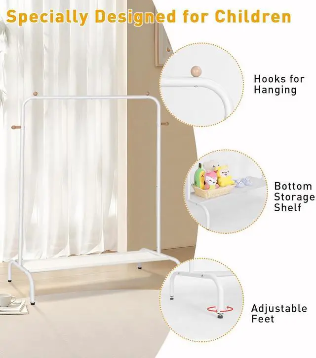 Alt view image 5 of 7 - Kids Clothing Rack - Garment Rack with Bottom Storage Shelf for Children, Small Baby, & Toddler, Clothes Organizer, Shirts, Dresser, Hat, Backpack, Bedroom, White