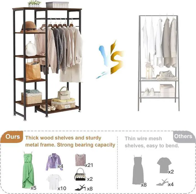 Alt view image 4 of 7 - VECELO Open Garment Clothing Rack, Free-Standing Heavy Duty Storage Closet with 5 Shelves and Hanging Rod for Small Spaces, Max Load 350LBS, Brown
