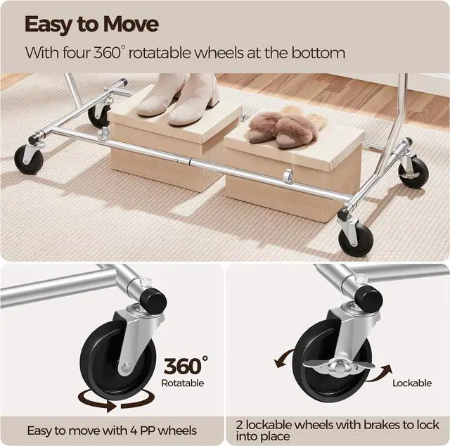 Alt view image 7 of 7 - Yaheetech Clothes Rack with Wheels, Heavy Duty Garment Rack with Extendable Hanging Rod, Rolling Clothing Rack for Hanging Clothes, Chromed, Silver
