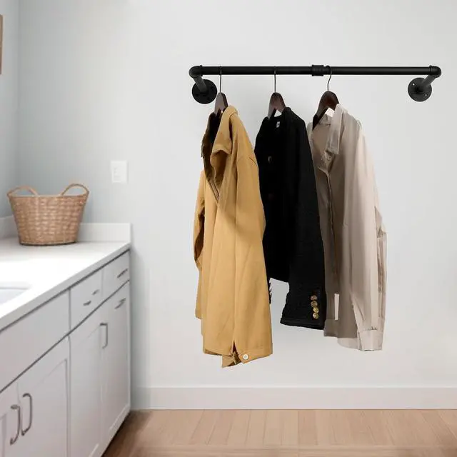 Alt view image 5 of 6 - WEBI Clothing Rack Wall Mount,24" Industrial Pipe Clothes Rack for Hanging Clothes,Heavy Duty Iron Garment Rack Bar,Retail Display Clothes Rod for Closet,Laundry Room,Black