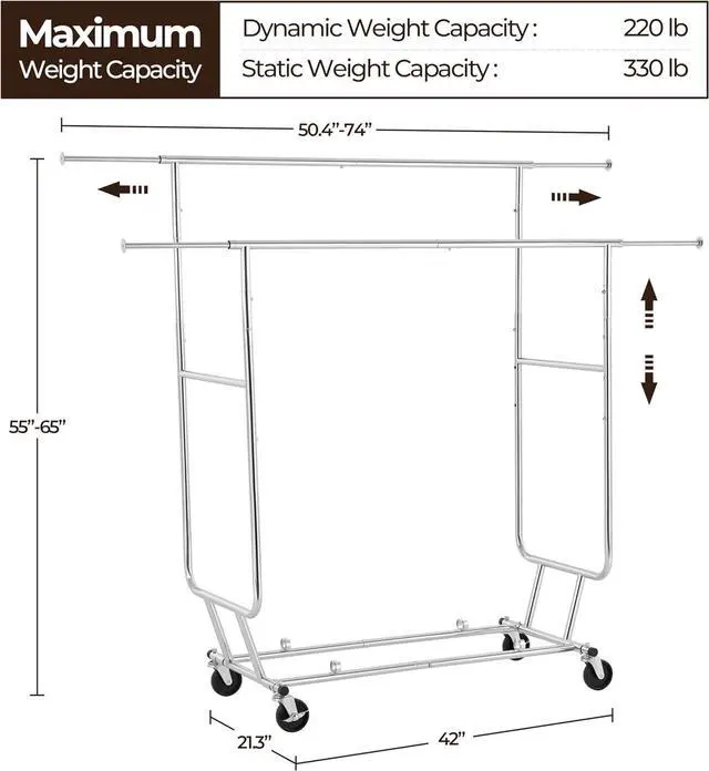 Alt view image 4 of 7 - Yaheetech Rolling Clothes Rack, Heavy Duty Double Rail Clothing Rack, Commercial Portable Garment Rack with Wheels for Bedroom, Clothing Store, Chrome, 74" L × 21.5" W × 65" H