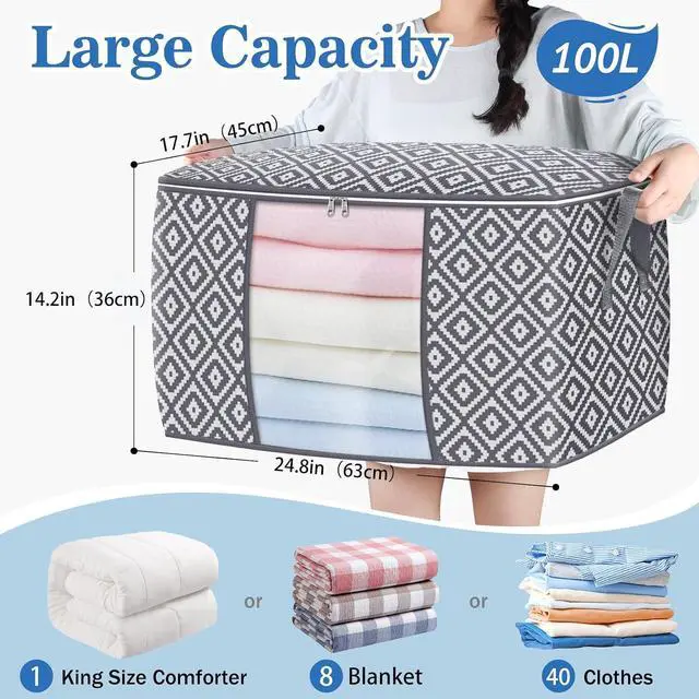 Alt view image 2 of 7 - 100L 3 Pack Storage Bags, Foldable Clothes Bins with Clear Window, Gray