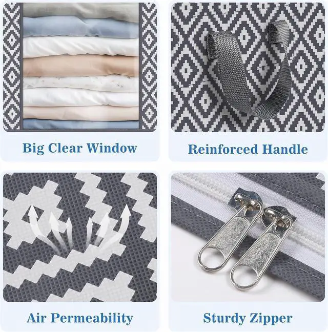 Alt view image 3 of 7 - 100L 3 Pack Storage Bags, Foldable Clothes Bins with Clear Window, Gray