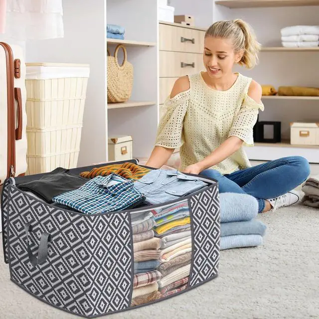 Alt view image 7 of 7 - 100L 3 Pack Storage Bags, Foldable Clothes Bins with Clear Window, Gray