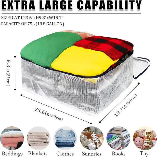 Alt view image 2 of 6 - Clear Storage Bags with Zipper, 75L Extra Large Capacity - Closet, Underbed Storage Organizer for Clothes, Bedding, Comforter, Toys, Pillow & Blanket (2)