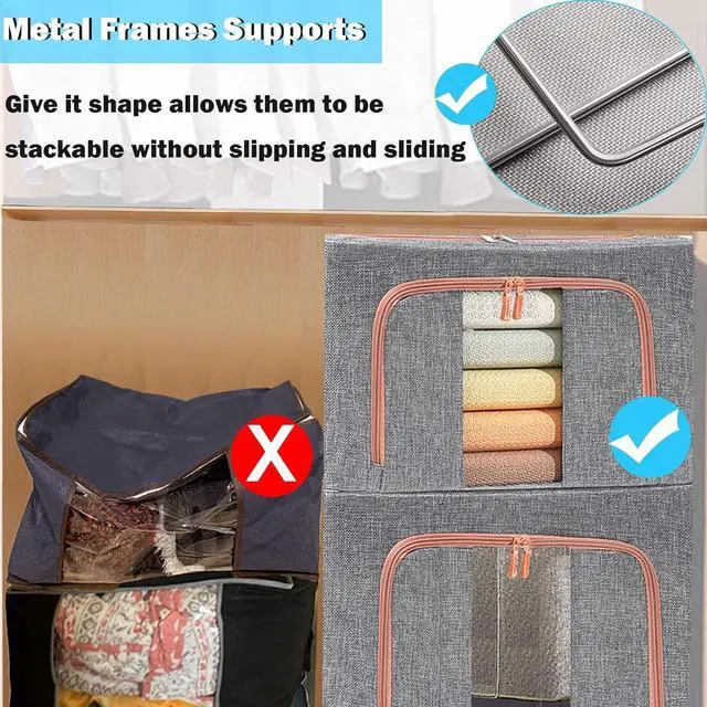 Alt view image 3 of 7 - Large Capacity Clothes Storage Bags,Stackable Storage Organizer with Foldable Metal Frame, Zipper, Handles, Clear Window, Navy, 3 Pack)