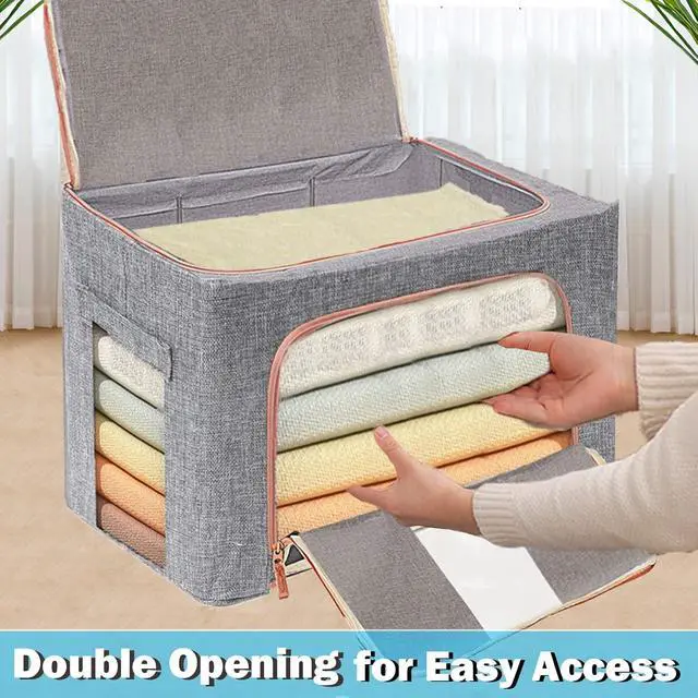 Alt view image 7 of 7 - Large Capacity Clothes Storage Bags,Stackable Storage Organizer with Foldable Metal Frame, Zipper, Handles, Clear Window, Navy, 3 Pack)
