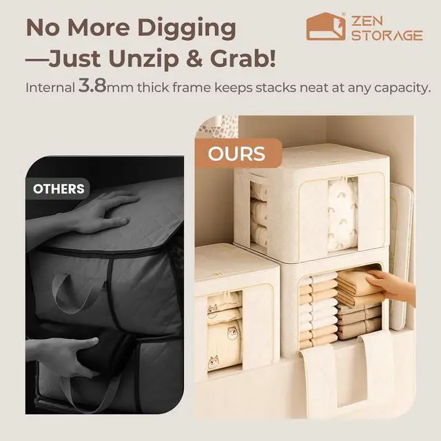 Alt view image 2 of 7 - 3Pack 60L Large Cloth Storage Bins with Metal Frame, Linen Storage Box with Clear Window, Stackable Sweater Storage for Closet, Clothes Containers for Comforters, Blankets, Quilts, T-shirt